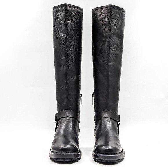 Aquatalia Women Liana Black Leather Harness Moto biker Knee boots size 7.5 - Picture 2 of 11